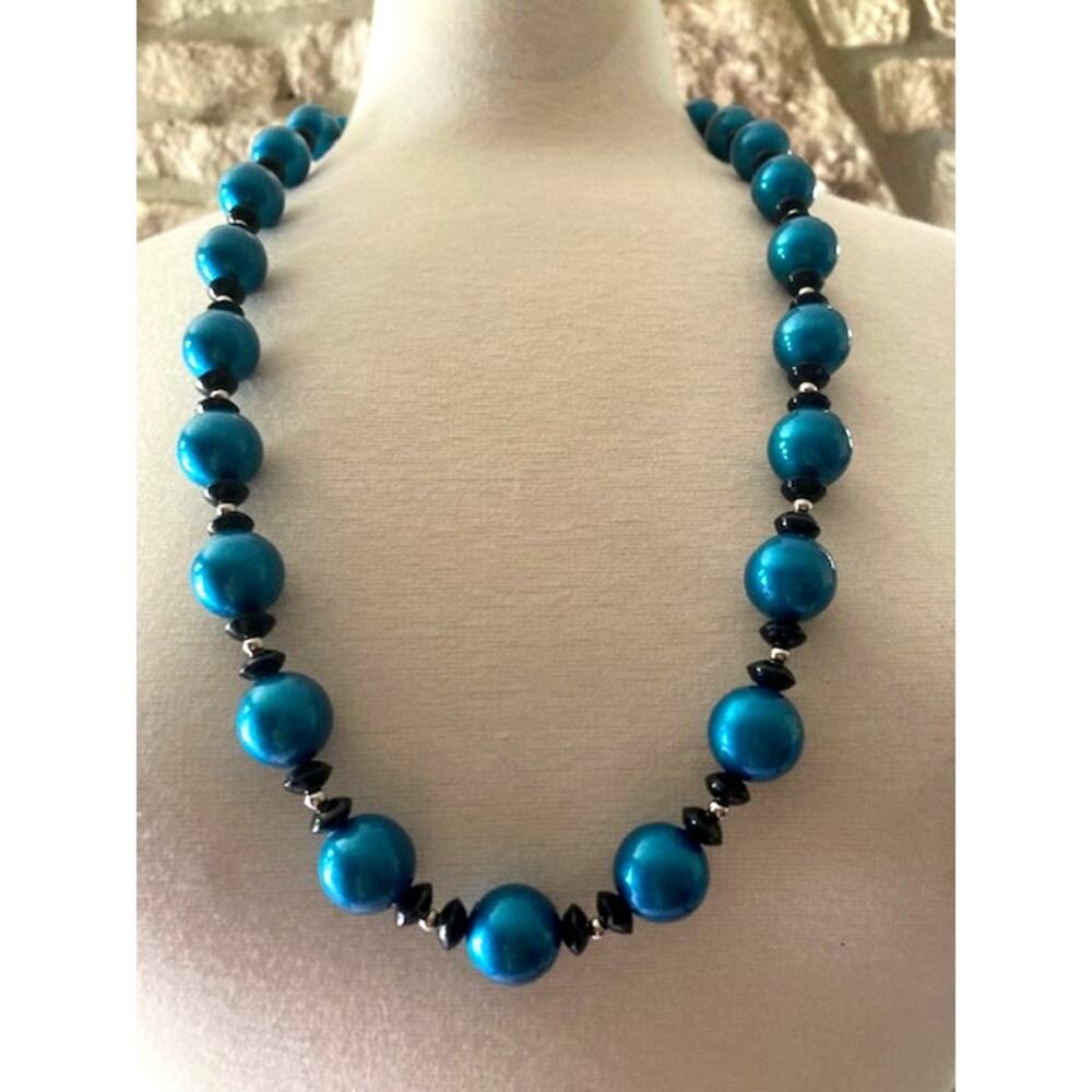 Vintage 80's Teal Blue Beaded Statement Necklace - Silver Toggle Clasp